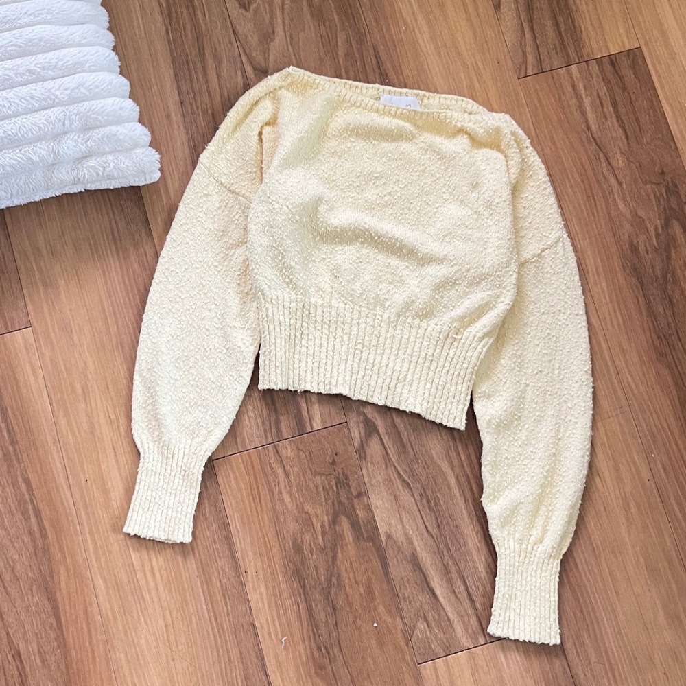 Pink Rose Butter Yellow Textured Knit Crop Sweater Cottagecore Balloon Sleeve L